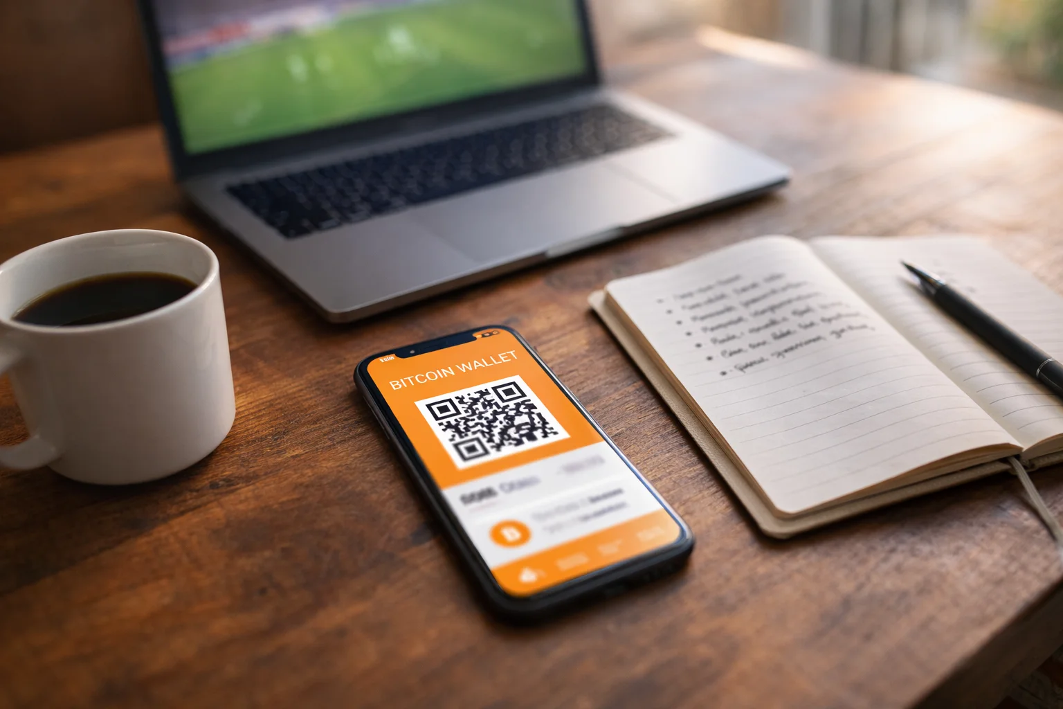 Smartphone mit geoeffneter Bitcoin-Wallet neben einem Sportfeld