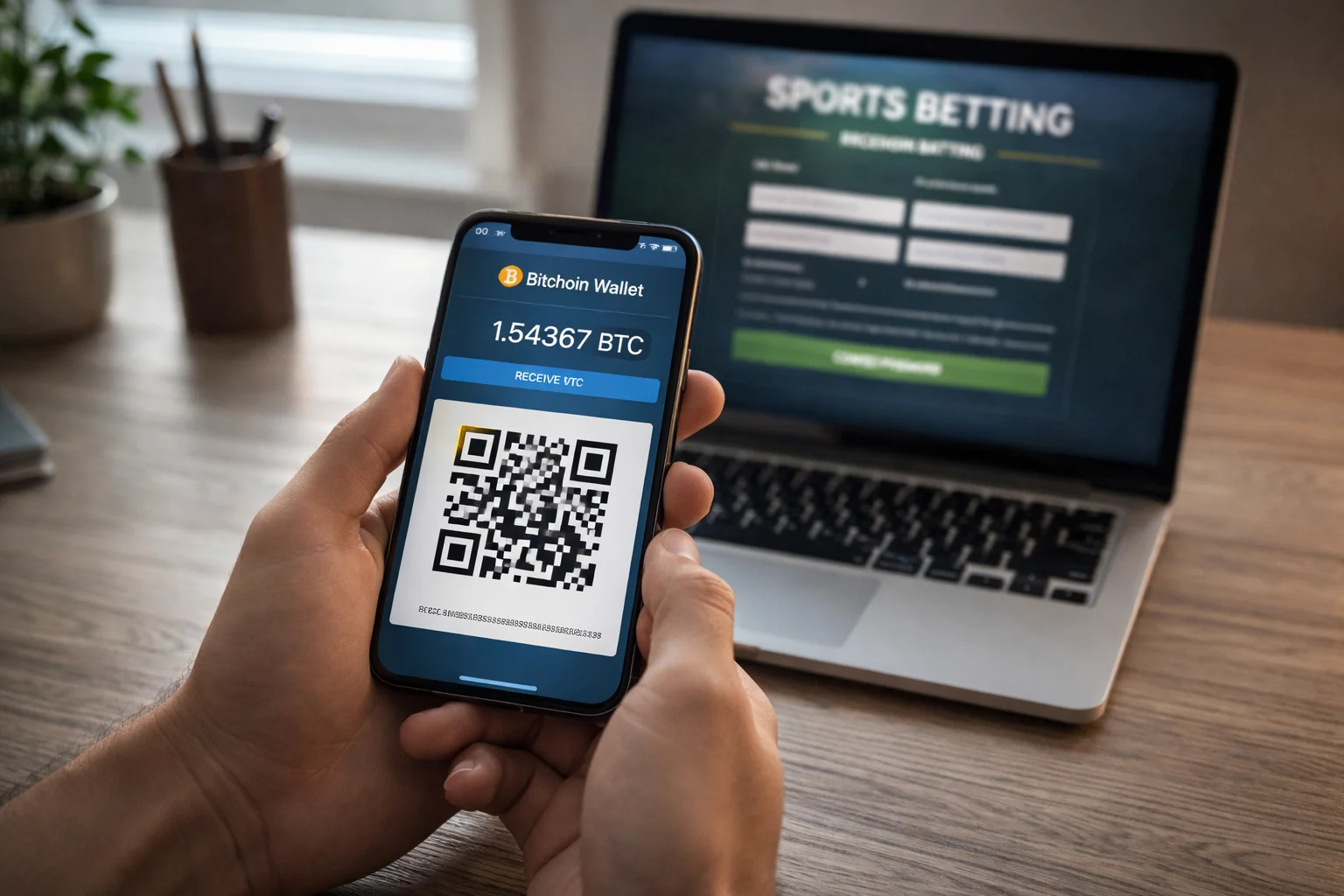 Smartphone mit Bitcoin-Wallet-App neben einem aufgeklappten Laptop – Schritt-für-Schritt-Einrichtung