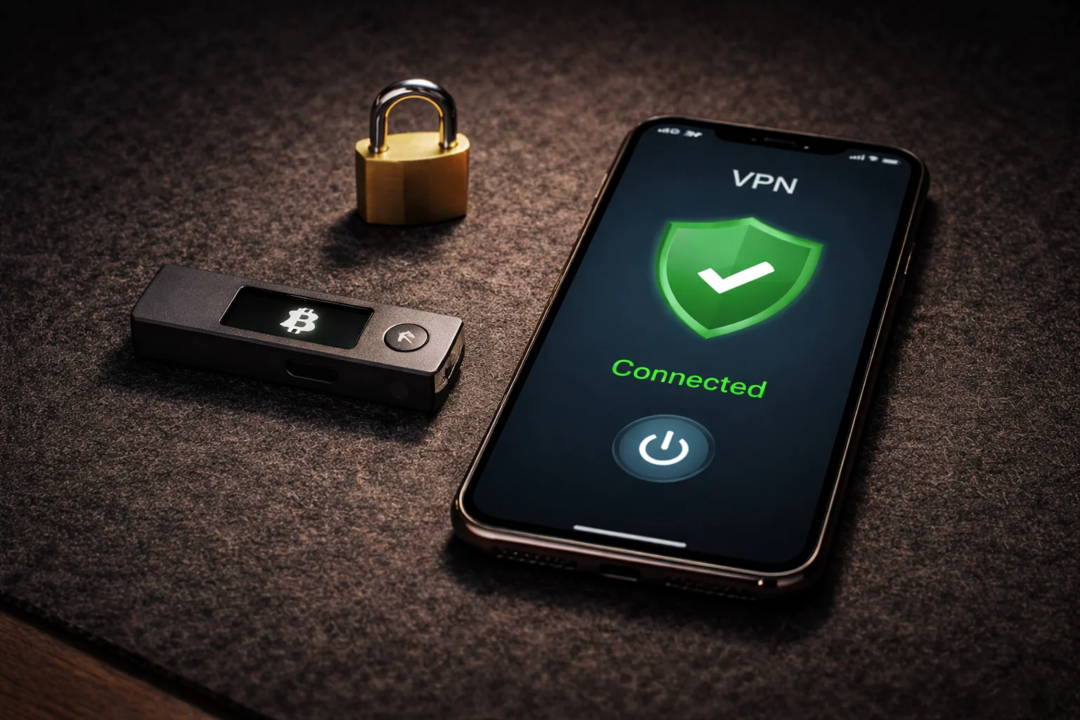 Hardware-Wallet neben einem Smartphone mit VPN-App – sichere Aufbewahrung und Datenschutz