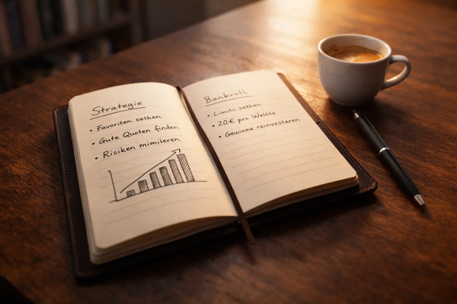 Aufgeschlagenes Notizbuch mit handschriftlichen Wettstrategien neben einem Stift und Kaffeetasse