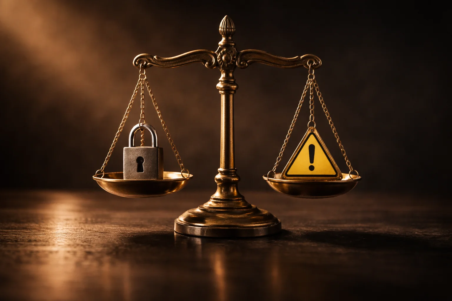Waage mit einem Schloss-Symbol auf der einen Seite und einem Warnsymbol auf der anderen – Vorteile und Risiken abwägen